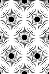 Fototapete - The image displays a series of radial, sunburst patterns featuring black circular centers and extending rays, evoking a sense of brightness and energy.