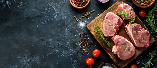 Picture of raw pork tenderloin steaks on a wooden cutting board against a dark backdrop, with space to add text, accompanied by bacon, veggies, and spices. image with copy space