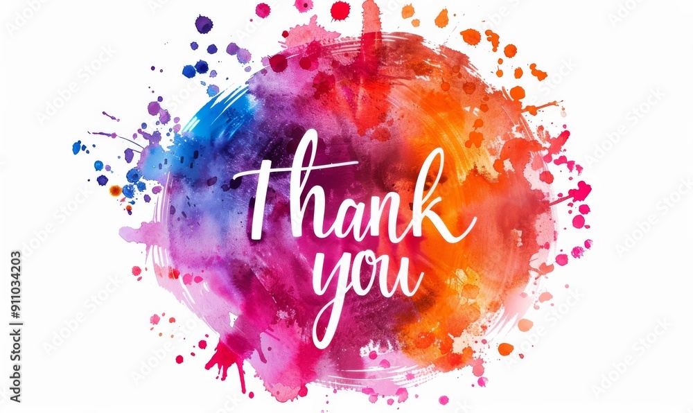Thank you - calligraphy lettering on abstract multicolored watercolor ...