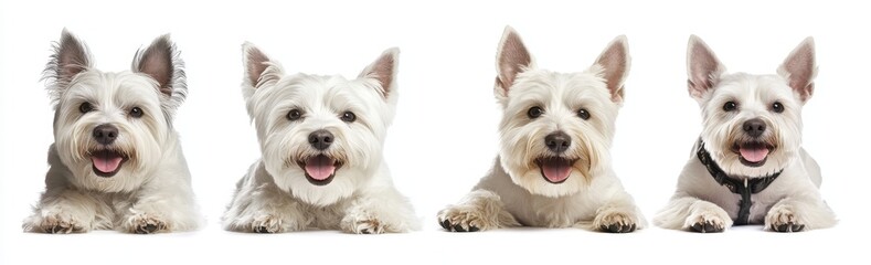 Poster - White Highland Terrier portraits, sitting, standing, lying, as well as dog bundles isolated on white backgrounds