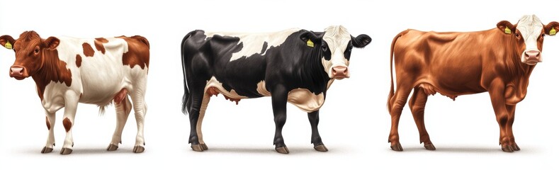 Wall Mural - The bundle consists of three black and white cows isolated on white background as transparent PNG images