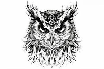 a detailed black and white illustration of an owl featuring intricate patterns, bold lines, and an i
