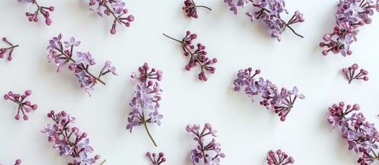 Wall Mural - Purple lilac branches, representing Mother's Day, arranged on a white backdrop in a flat lay style with ample copy space image.