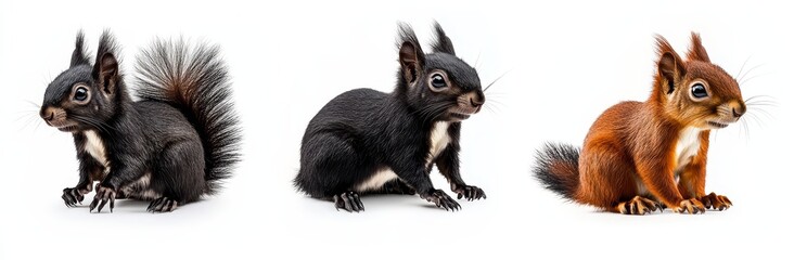 Wall Mural - An isolated group of squirrels (red, brown, grey, black), isolated on a white background as transparent PNGs