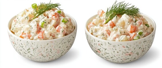 Various bowls with potato salad with mayonnaise and vinaigrette dressing isolated on white