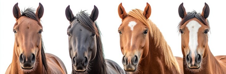 Wall Mural - Isolated on a transparent background, selection of horse portraits in different colours (black, grey, brown, white)