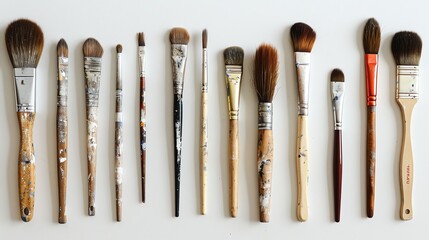 A row of paintbrushes of different sizes and styles on a white background.