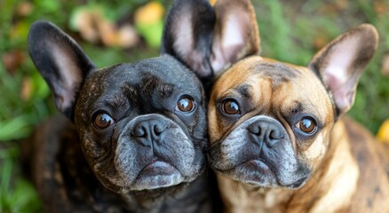 A black and a brown french bulldog, both happy