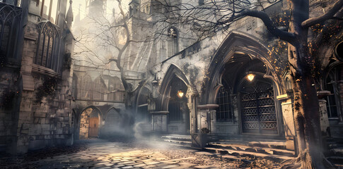 Wall Mural - Gothic Architecture Courtyard Illustration