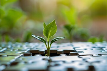 A vibrant small green plant breaks through a puzzle piece structure, symbolizing growth, resilience, and the continuous pursuit of solving complex challenges in life.