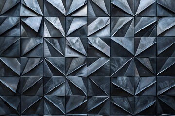 Wall Mural - A dark grey wall with an intricate geometric pattern, made of small triangular shapes arranged in precise rows and angles. The background is a soft gradient from light to deep gray