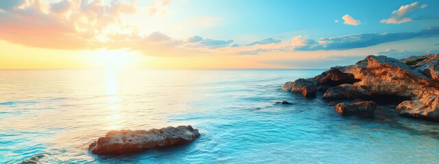 Wall Mural - A beautiful ocean view with a large rock in the foreground