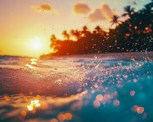Wall Mural - a beautiful ocean scene with a splash of water and a sunset in the background