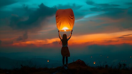 Sticker - A woman releases a glowing sky lantern into the twilight sky, symbolizing hope and dreams.


