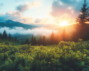 Wall Mural - a beautiful mountain landscape with a bright sun shining through the trees