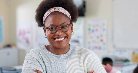 Poster - Happy, teacher and portrait of black woman in classroom with confidence in education career. Smile, pride and African female tutor with job in childhood development with face at school academy.