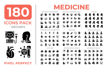 Poster - Medicine glyphs icon set collection. Disabilities, diagnostics. Diseases treatments. Medical services mega pack of black solid symbols, pixel perfect. Isolated vector illustrations. Editable stroke