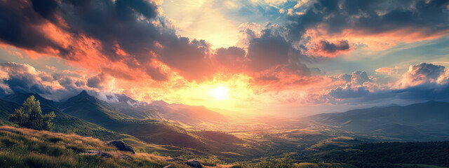 Wall Mural - a beautiful sunset over a mountain range with a city in the distance