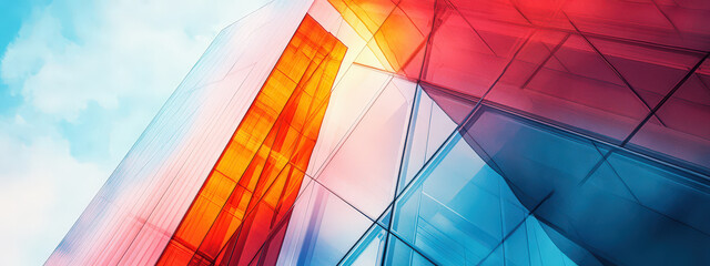 Wall Mural - A colorful building with a blue and red stripe