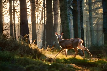 Canvas Print - Deer Running And Looking At Camera In Sunlit Forest Generative AI