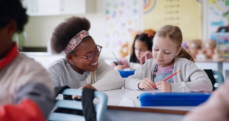 Sticker - Girl, teacher and talking in classroom with help, advice and smile for assessment for development. Woman, child and education with test, exam and check with care, happy and scholarship at school