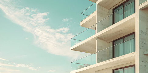 Poster - Modern Building with Glass Balconies and Clouds - 3D Illustration