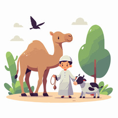 Poster - Eid Al Adha Illustrations. Muslims Prepare Livestock to Be Sacrificed. People Celebrate Eid Al Adha