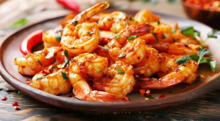 Wall Mural - A plate of delicious, spicy cooked shrimp garnished with fresh herbs and chili flakes, creating an appetizing seafood dish perfect for a gourmet meal.