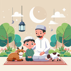 Eid Al Adha Illustrations. Muslims Prepare Livestock to Be Sacrificed. People Celebrate Eid Al Adha