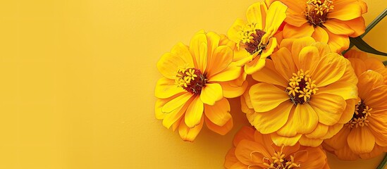 Canvas Print - Vibrant zinnia blooms in a vivid canary yellow perfect for adding a burst of color to your design projects with this cheerful copy space image