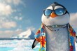 © julija - charismatic cartoon penguin with vibrant personality sporting cool sunglasses and colorful hawaiian shirt against icy antarctic backdrop
