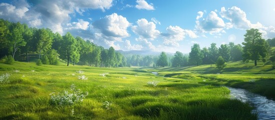 Wall Mural - Scenic summer outdoors with lush green grasslands towering trees and panoramic views ideal for hiking and picnicking a picturesque landscape with a river perfect for travel photos with copy space ima