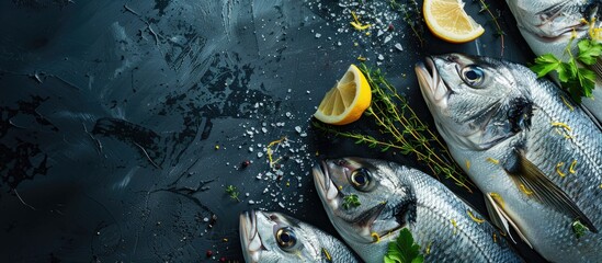 Poster - Top down view of fresh sea bass and branzino fish garnished with thyme and lemon on a dark background perfect for copy space image