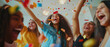 © Quality Photos - Joyful celebration with friends, featuring laughter and colorful confetti in a lively atmosphere.
