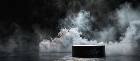 Canvas Print - Cylinder shaped stage for performances with dark background and smoke for a copy space image