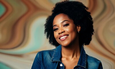 Poster - Portrait video of a satisfied Nigerian black woman in her 30s wearing a denim jacket against an abstract background 