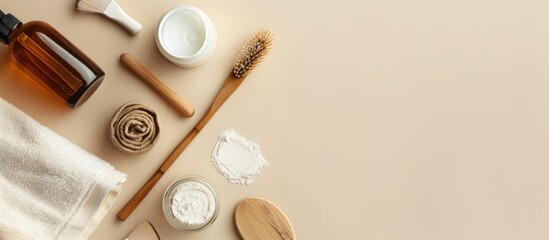 Canvas Print - Chemical peel bottles brush and towel laid out for a peeling procedure on a beige backdrop with a close up view ideal for text on the copy space image