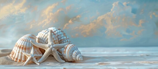 Sticker - A summery theme showcasing sea shells or starfish on a table with space for adding text in the image. Copy space image. Place for adding text and design