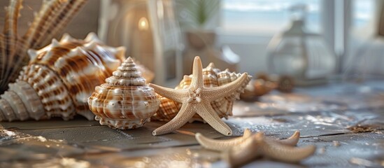 Wall Mural - Seashells or starfish on a table with a background suitable for text in a summer themed image. Copy space image. Place for adding text and design