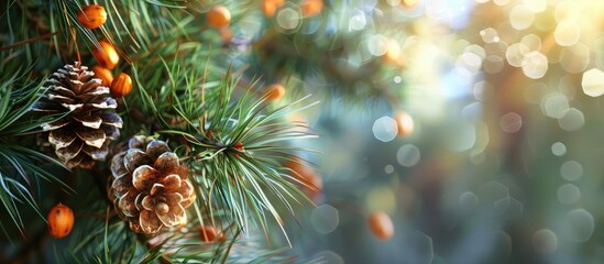 Wall Mural - A pine tree with fruits a pine cone on a copy space image