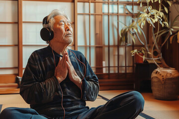 Wall Mural - Meditation,elderly man meditates at home,Mental health,Healing meditations,Self-care,Self-love.	