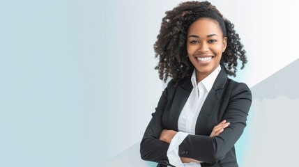 Service Announcement: Professional banner with a clean white background and a confident businesswoman smiling, with a subtle blue overlay to add a professional touch. 