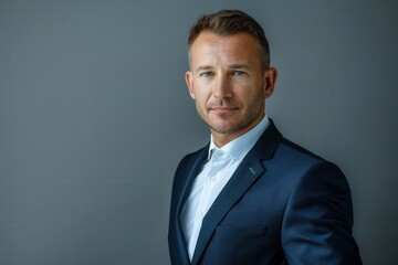 confident businessman portrait professional male in sharp suit against plain background strong pose and direct gaze convey leadership and success