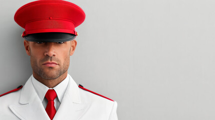 Close-up portrait of a stern-faced young man in a white military uniform with a red tie and matching red cap, exuding authority and discipline against a neutral background.