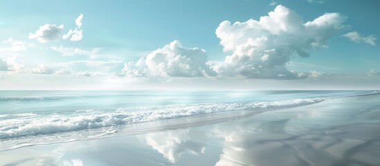 Poster - Scenic beach with a tranquil sea and clouds in a copy space image