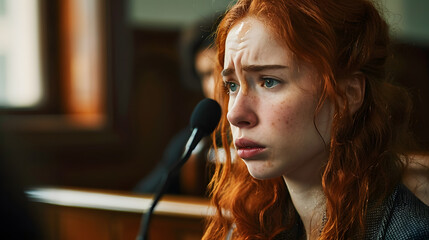 Wall Mural - Red-haired woman crying in front of a stern judge.