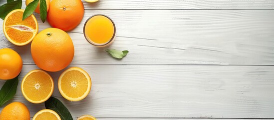 Wall Mural - Fresh fruit and green leaf alongside delicious orange juice on a white wooden table with room for text in a copy space image