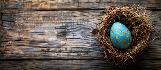 Wooden background with an Easter egg nestled in a nest providing a festive backdrop for the holiday Ideal for adding text with plenty of copy space image