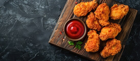 Canvas Print - Top view of crispy chicken nuggets with ketchup on a wooden board shot from above with copy space image