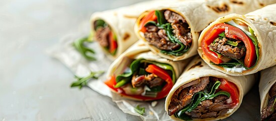 Canvas Print - A close up image of sliced Turkish wraps filled with savory meat crisp vegetables and a tangy yogurt sauce with some copy space in the picture